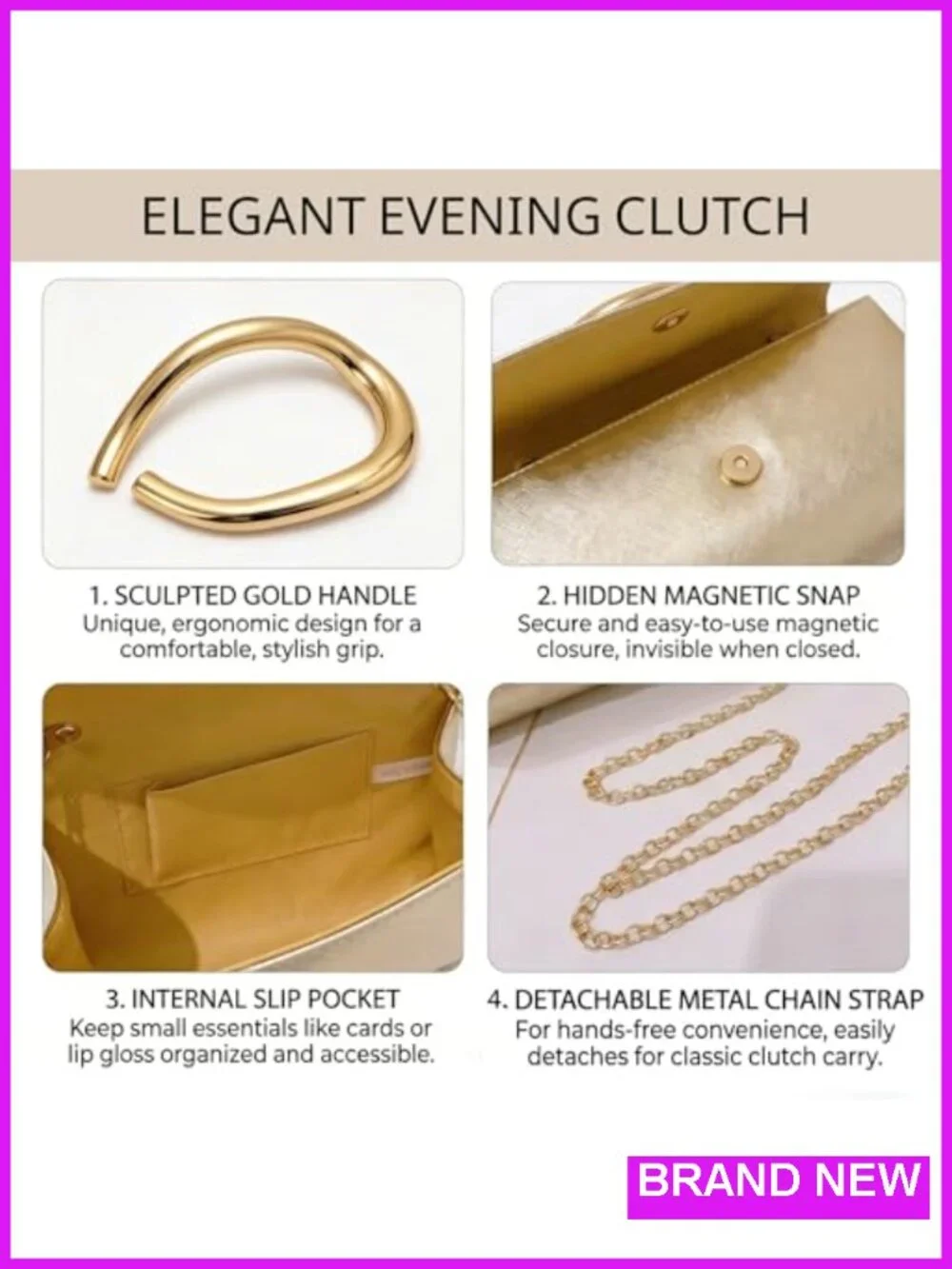 Women Vegan Leather Evening Clutch Purse - Detachable Chain, Magnetic Closure,